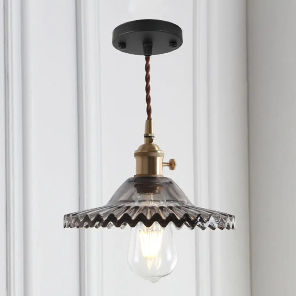 8.66 Industrial Brass Pendant Light With Scalloped Glass Shade For Coffee Shop Black / Smoke Grey