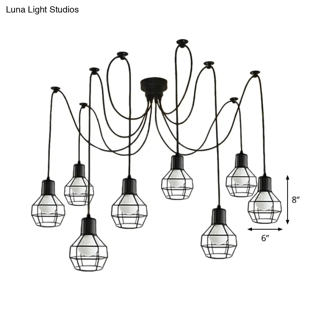 8-Head Black Iron Industrial Pendant Light With Ball Cage Swag Design For Living Room