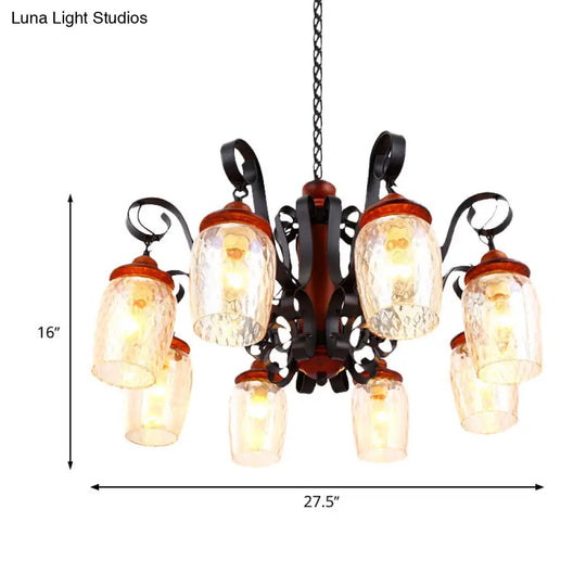 8-Light Dimple Glass Chandelier - Antiqued Black Curved Arm Ceiling Pendant For Living Room