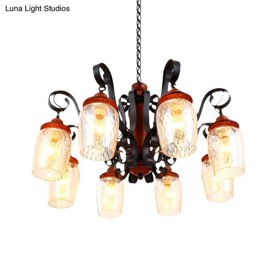 8-Light Antiqued Black Glass Chandelier - Curved Arm Pendant Light For Living Room Ceiling
