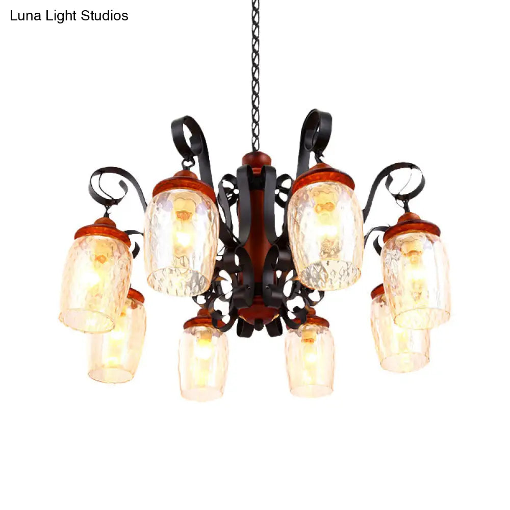 8-Light Dimple Glass Chandelier - Antiqued Black Curved Arm Ceiling Pendant For Living Room