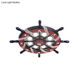8-Light Bedroom Flush Mount Fixture With Rudder Wooden Shade - Cartoon Blue/Brown Ceiling Lamp In