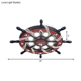 8-Light Bedroom Flush Mount Fixture With Rudder Wooden Shade - Cartoon Blue/Brown Ceiling Lamp In