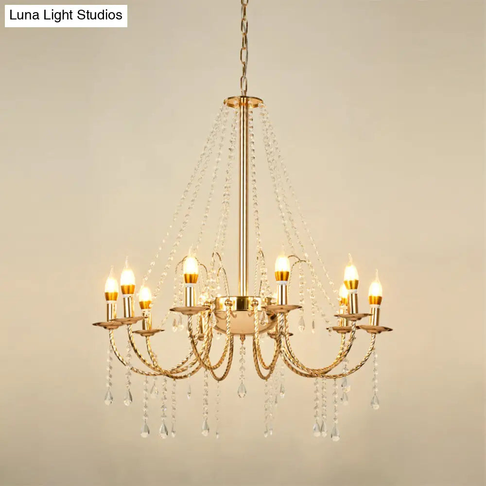 Retro Crystal Chandelier With 8 Hanging Candle Lights And Gold Swoop Arm