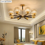 8-Light Simple Style Black And Gold Bedroom Chandelier With Crystal Rod Shade