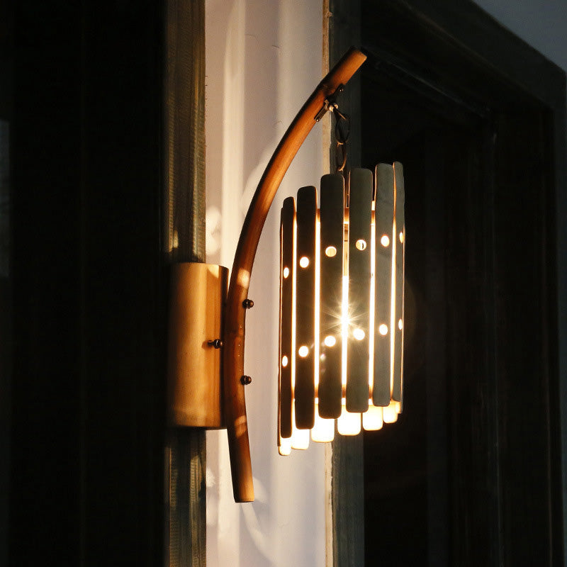 Asian Style Beige 1-Head Corridor Wall Sconce Light With Curved Arm And Wood Cylinder Shade