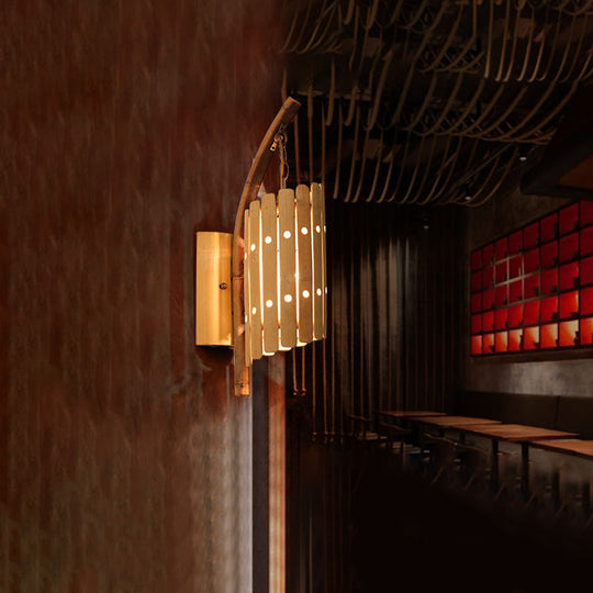 Asian Style Beige 1-Head Corridor Wall Sconce Light With Curved Arm And Wood Cylinder Shade