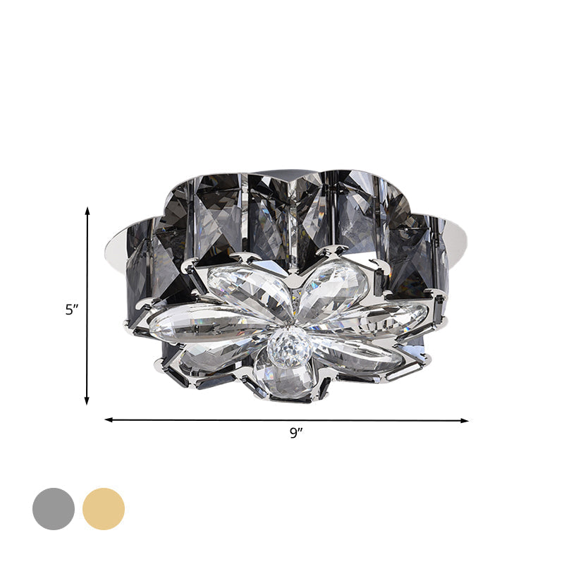 Minimalist Led Flush Mounted Ceiling Light With Flower Smoke/Amber Crystal Shade