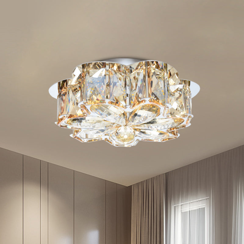 Minimalist Led Flush Mounted Ceiling Light With Flower Smoke/Amber Crystal Shade