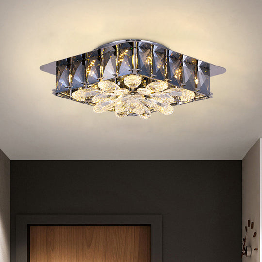 Mini Led Flush Light With Square & Flower Design – Simple Amber Or Smoke Grey Crystal Ceiling