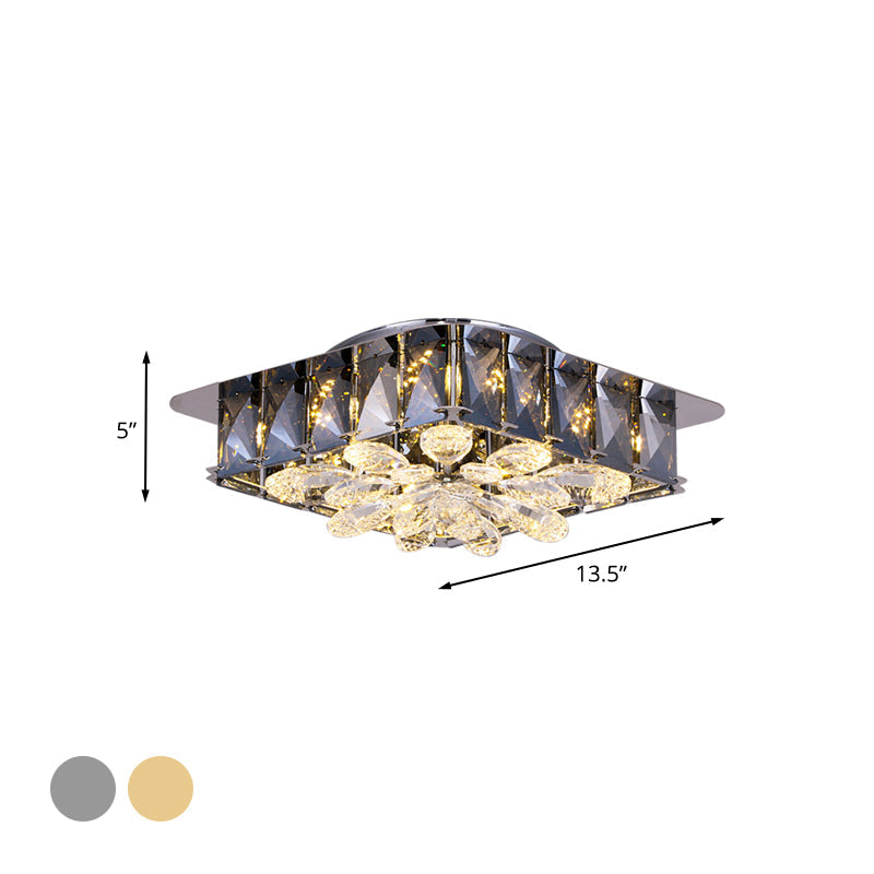 Mini Led Flush Light With Square & Flower Design Simple Amber Or Smoke Grey Crystal Ceiling Fixture