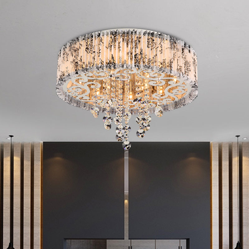 Modernist Circle Flush Ceiling Light: 5 - Bulb Pleated Fabric Flushmount With Crystal Draping –