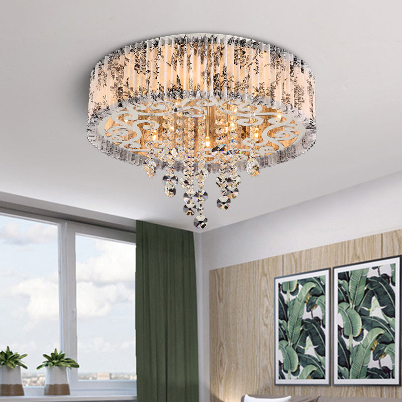 Modernist Circle Flush Ceiling Light: 5 - Bulb Pleated Fabric Flushmount With Crystal Draping –
