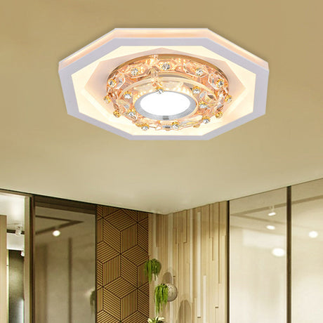 Octagon Small Foyer Ceiling Led Flush Mount Fixture - Elegant Acrylic & Crystal White