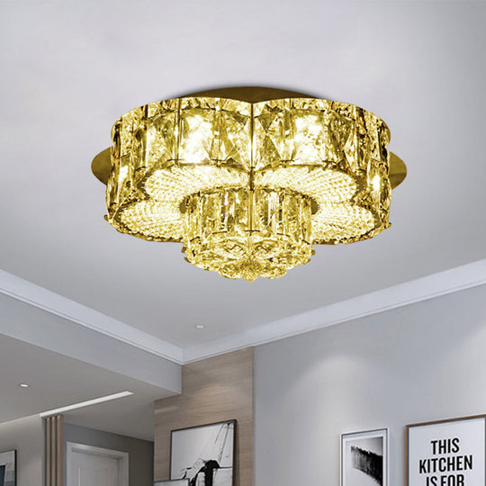 Gold Led Crystal Flower Flushmount Light - Minimalistic 2-Tier Ceiling Fixture