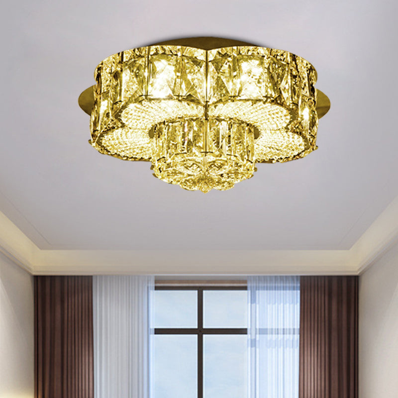 Gold Led Crystal Flower Flushmount Light - Minimalistic 2-Tier Ceiling Fixture