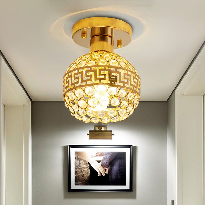 Vintage Crystal Gold Dome Ceiling Lamp With Oriental Trim And Inlaid Crystals - 1 Head Semi Mount