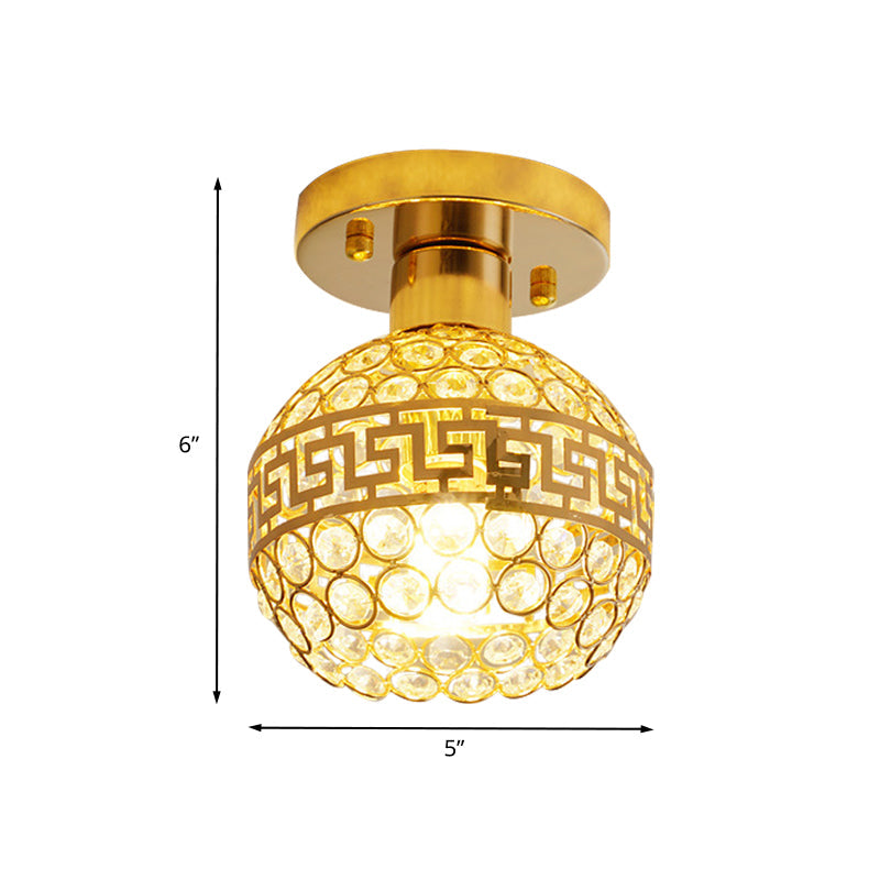 Vintage Crystal Gold Dome Ceiling Lamp With Oriental Trim And Inlaid Crystals - 1 Head Semi Mount