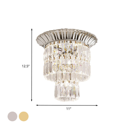 Modernist Crystal Dual Shade Led Flushmount Lamp - Chrome/Gold Cylindrical Ceiling Fixture