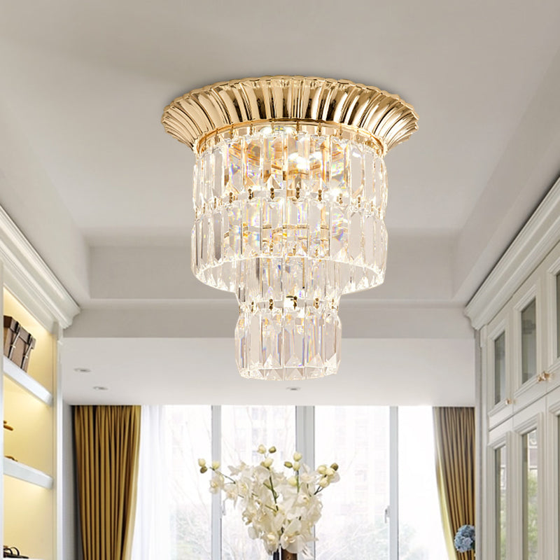Modernist Crystal Dual Shade Led Flushmount Lamp - Chrome/Gold Cylindrical Ceiling Fixture Gold