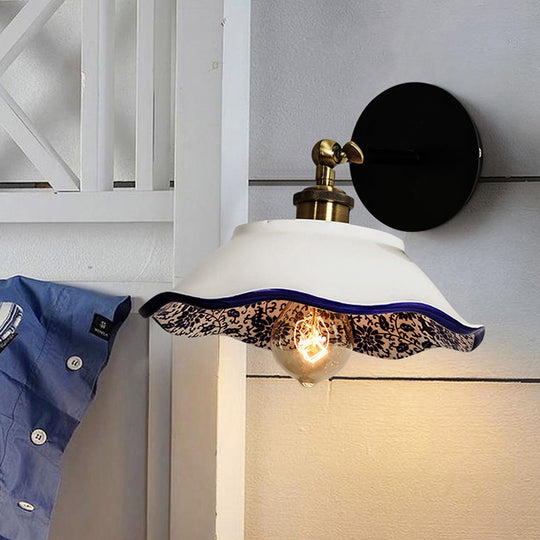 Vintage 1-Light Wall Mount Restaurant Lamp With White Wave/Scalloped Ceramic Shade