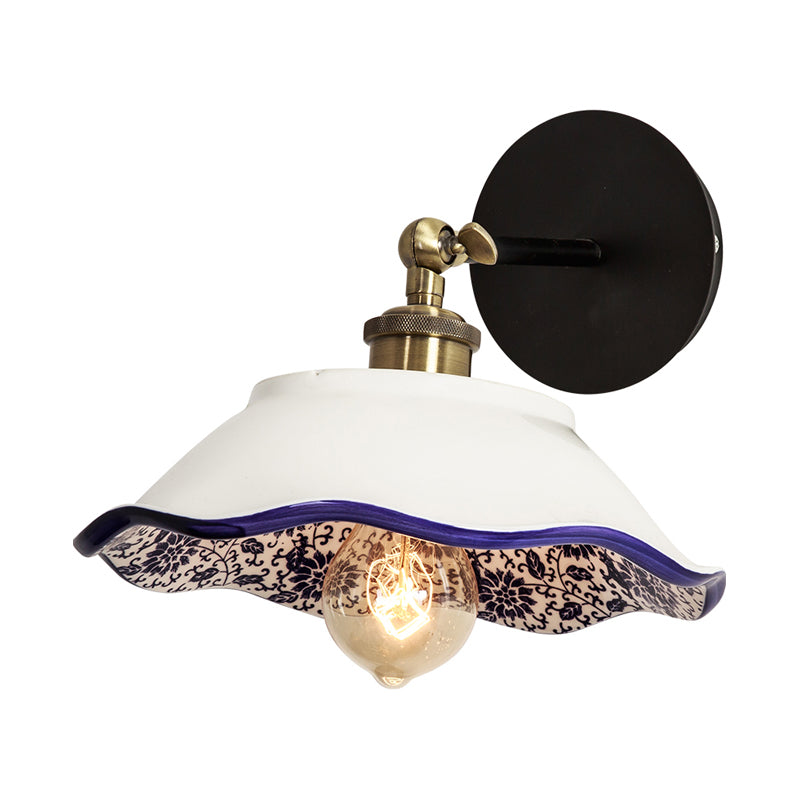 Vintage 1-Light Wall Mount Restaurant Lamp With White Wave/Scalloped Ceramic Shade