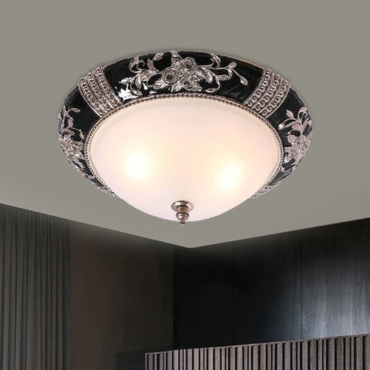 Nordic Style Carved Rose Ceiling Flush Mount - Black Finish 3 Lights Dome White Glass Shade / 14