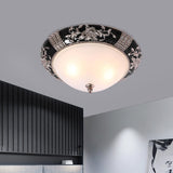Nordic Style Carved Rose Ceiling Flush Mount - Black Finish 3 Lights Dome White Glass Shade