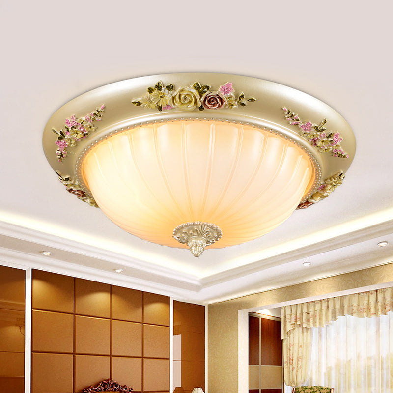 Korean Countryside Dome Flushmount Ceiling Light - 2 Heads Prismatic Glass Gold Finish Flower Decor