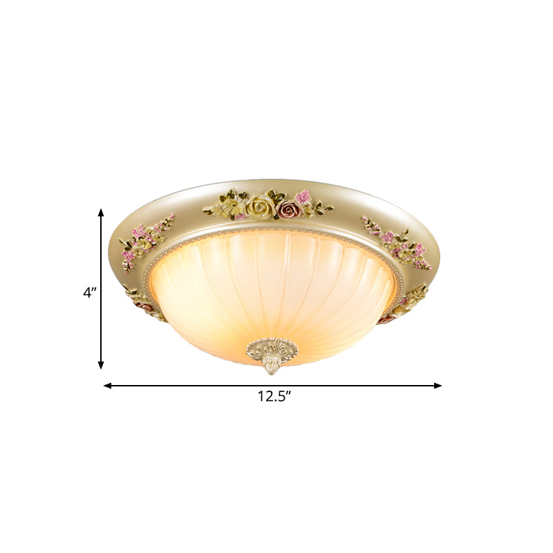 Korean Countryside Dome Flushmount Ceiling Light - 2 Heads Prismatic Glass Gold Finish Flower Decor