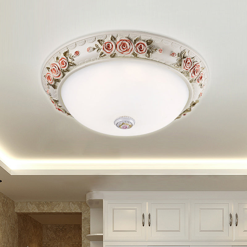 12’/16’ Wide Domed Ceiling Mounted Light With White Glass Flush Lamp And Rose Deco - Korea
