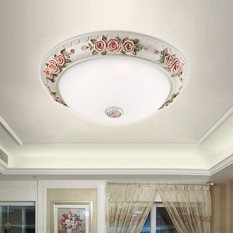 12’/16’ Wide Domed Ceiling Mounted Light With White Glass Flush Lamp And Rose Deco - Korea