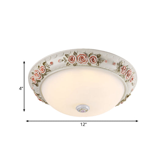 12/16 Wide Domed Ceiling Mounted Light With White Glass Flush Lamp And Rose Deco - Korea Countryside
