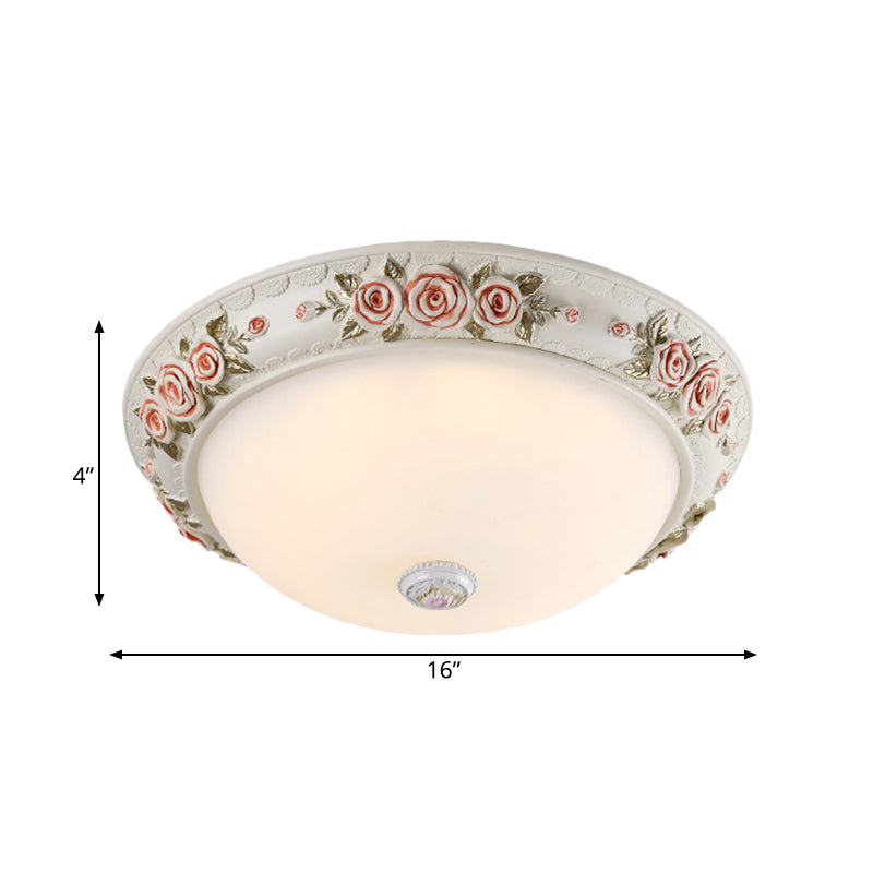 12/16 Wide Domed Ceiling Mounted Light With White Glass Flush Lamp And Rose Deco - Korea Countryside