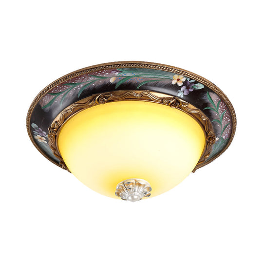 Antiqued Yellow Glass Led Flush Mount Fixture - Brass Domed Lighting 12’/16’ Wide Bedroom