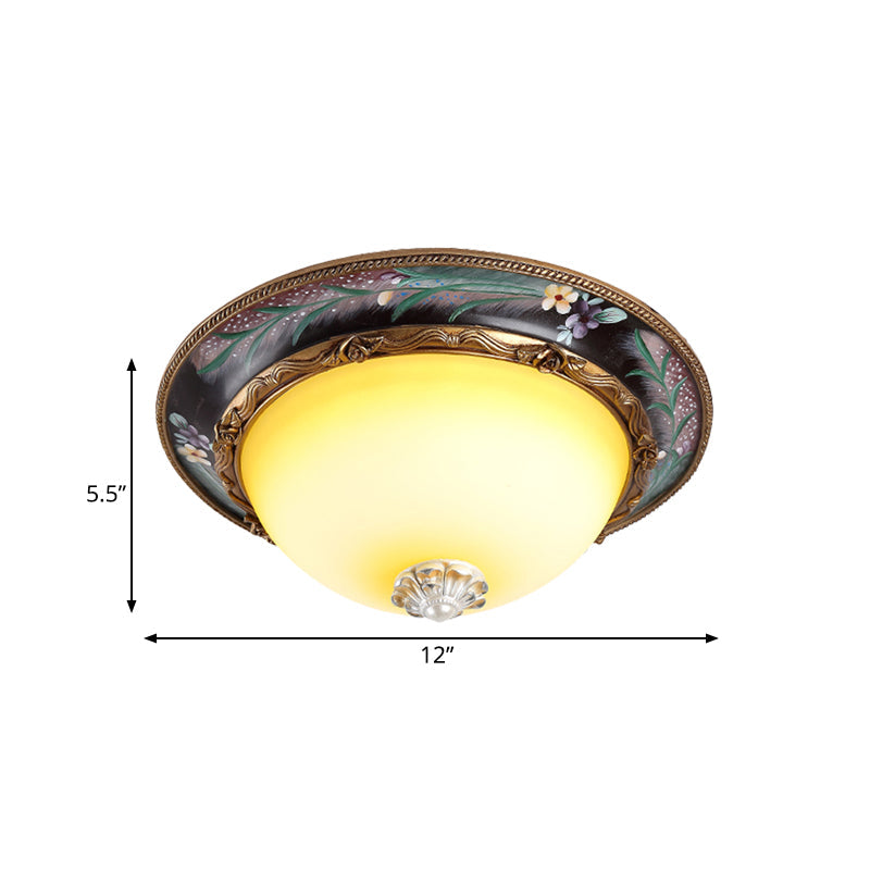 Antiqued Yellow Glass Led Flush Mount Fixture - Brass Domed Lighting 12’/16’ Wide Bedroom