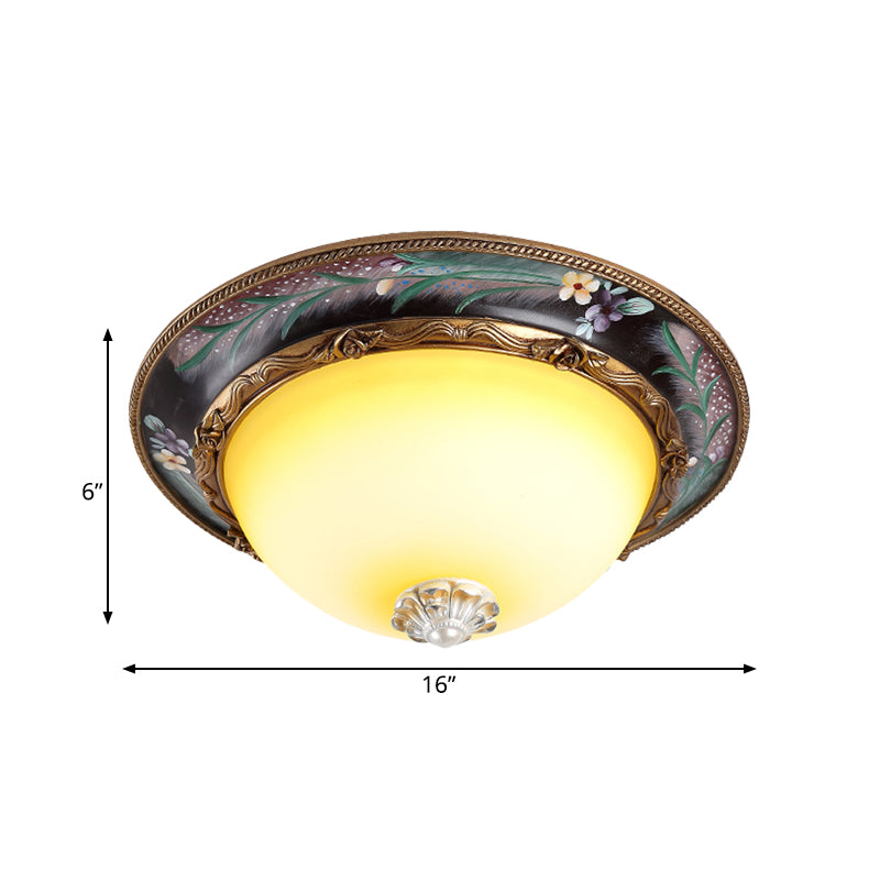 Antiqued Yellow Glass Led Flush Mount Fixture - Brass Domed Lighting 12’/16’ Wide Bedroom