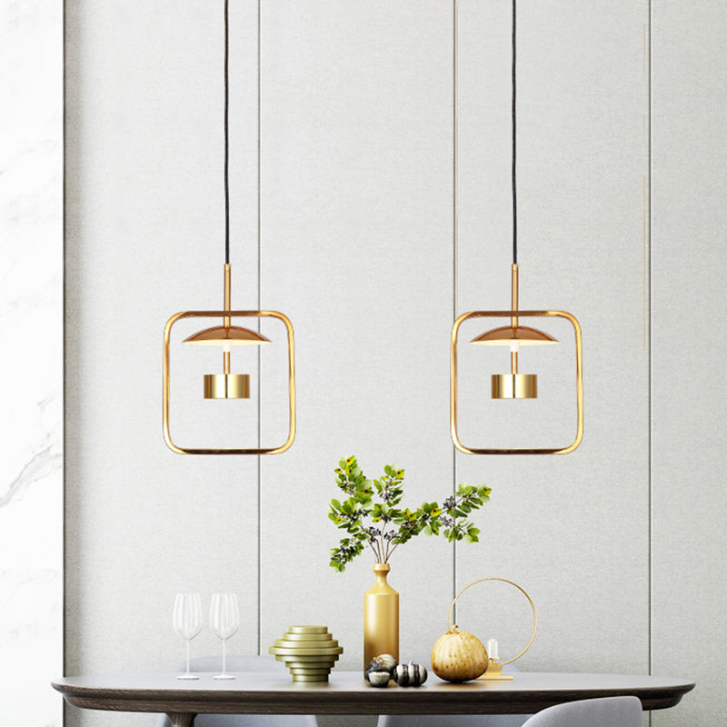 Gold Square-Frame Pendulum Led Ceiling Light With Minimalist Design And Shade/No Shade Option