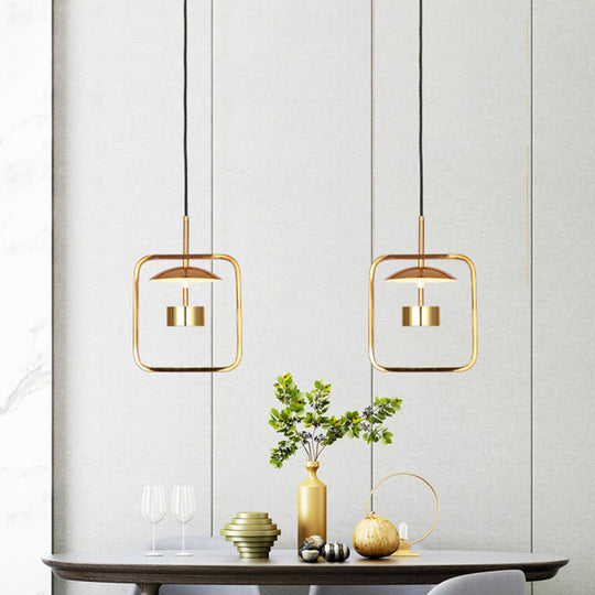 Gold Square-Frame Pendulum Led Ceiling Light With Minimalist Design And Shade/No Shade Option