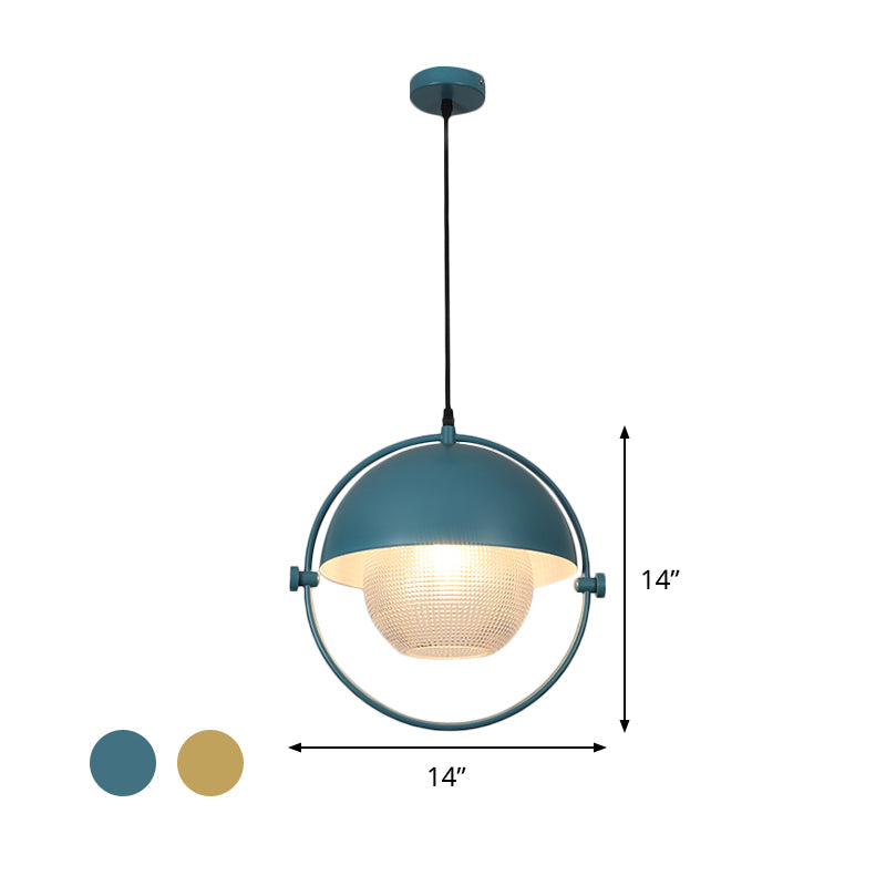 Blue/Gold Semicircle Pendant Light Kit With Clear Latticed Glass Shade.