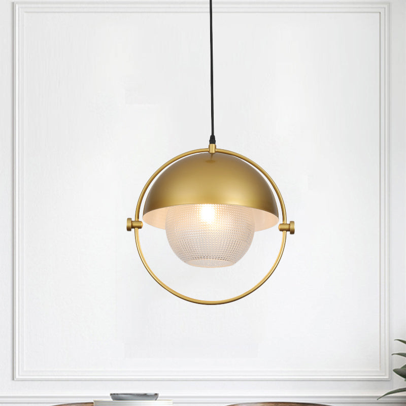 Blue/Gold Semicircle Pendant Light Kit With Clear Latticed Glass Shade.
