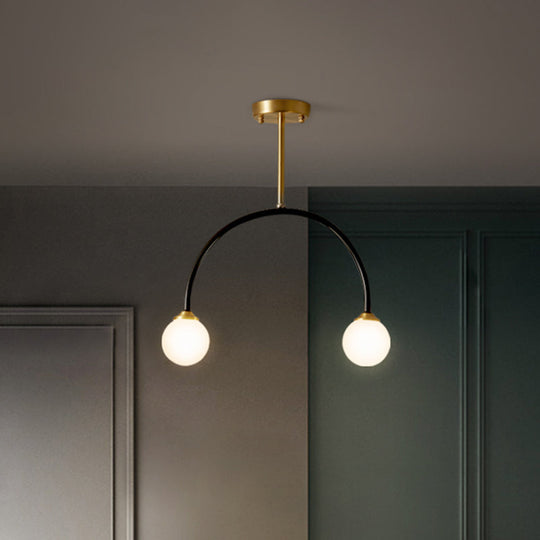 Arced Minimal 2 - Bulb Led Flush Ceiling Lamp – Brass & Black Restaurant Semi Mount Lighting