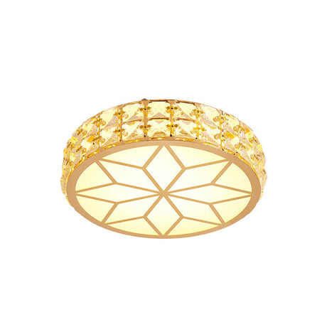 Contemporary Led Crystal Drum/Flower Corridor Flushmount Ceiling Light - White/Gold Finish