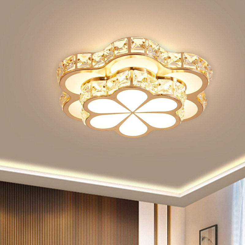 Contemporary Led Crystal Drum/Flower Corridor Flushmount Ceiling Light - White/Gold Finish