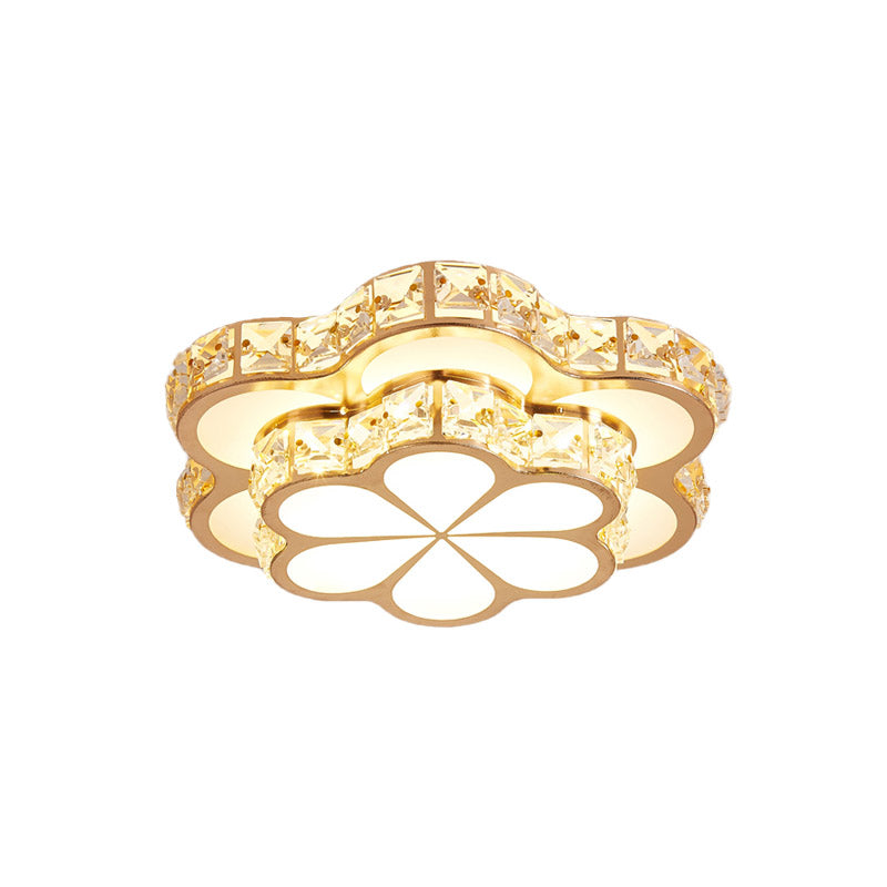 Contemporary Led Crystal Drum/Flower Corridor Flushmount Ceiling Light - White/Gold Finish