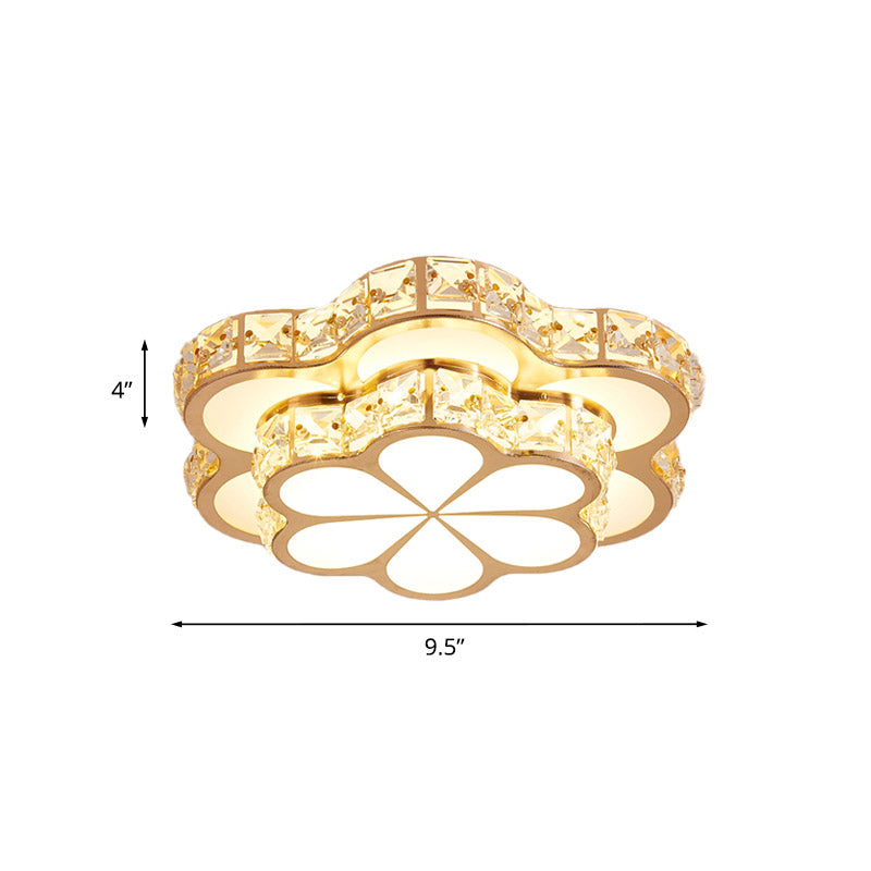 Contemporary Led Crystal Drum/Flower Corridor Flushmount Ceiling Light - White/Gold Finish