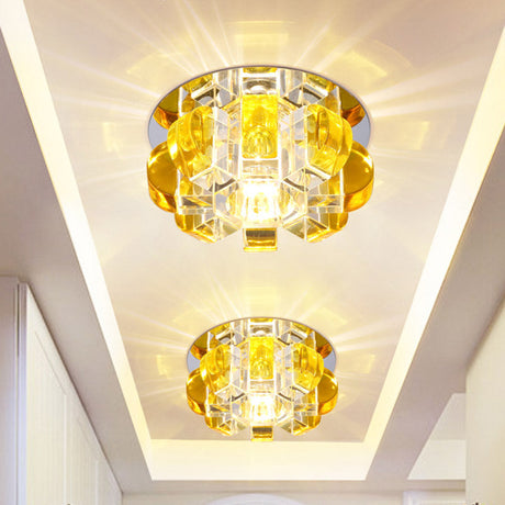 Modern Led Crystal Flush Mount Ceiling Light Fixture - Sleek Yellow Floral Design For Corridors