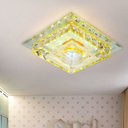 Simple Flushmount Led Ceiling Light With Clear Crystal Square Design And Ribbed Glass Shade In