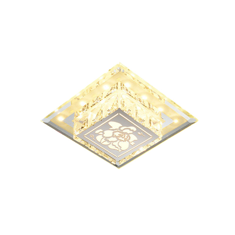 Contemporary Square Led Flush Light With Crystalline Facets In Chrome – Elegant Flower Pattern