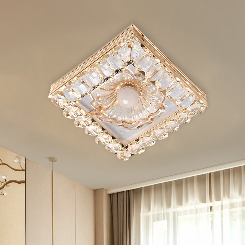 Gold Led Crystal Ceiling Lamp: Minimal Round/Square Design With Flower Shade